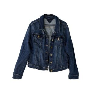 Tommy Hilfiger Size XXL Denim Jacket Dark Wash Button Closure Gold Buttons Used